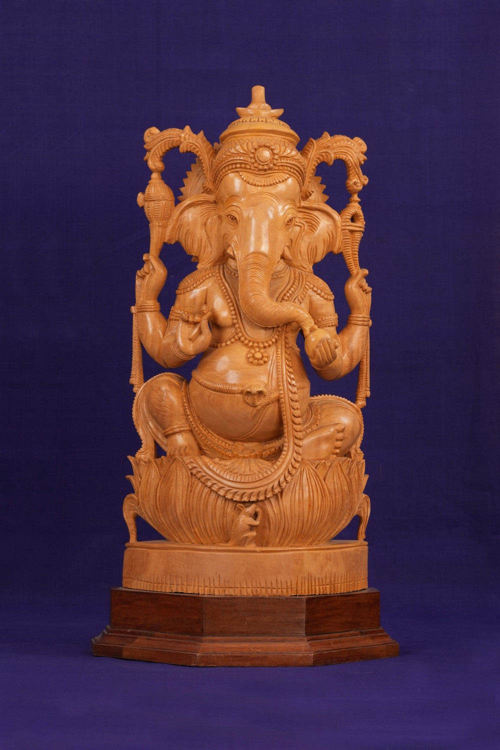 Image of Ganesha Bhagwan Murti Sitting with Moshak on Lotus Flower Base Idol.